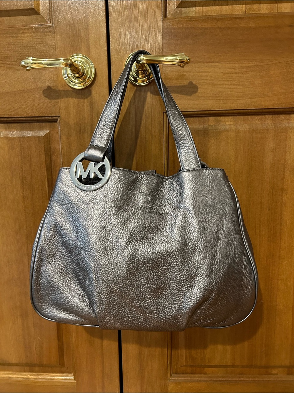 Michael Kors Metallic Pewter Shoulder Bag with MK Charm